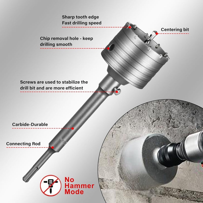 SALI Concrete Hole Saw Kits 4-1/8"（105mm） Tungsten Steel Wall Hole Cutter Drill Bit Sets with 220mm SDS Plus Shank Connecting Rod，110mm Center Positioning Drill Bits for Cinder Block,Brick,Adobe Wall - Image 5